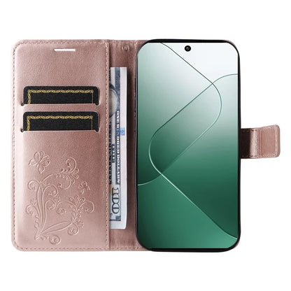 KT Imprinting Flower Series-2 For Xiaomi 14 Case Butterfly Imprint Stand Wallet Phone Cover