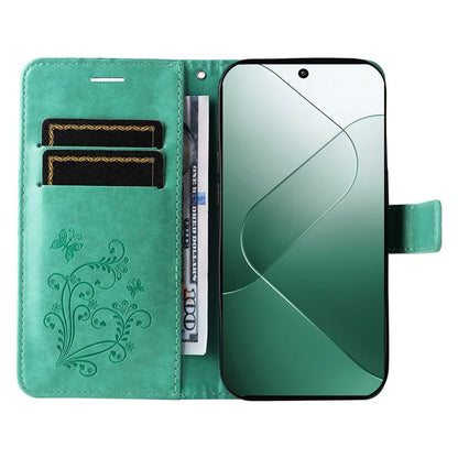 KT Imprinting Flower Series-2 For Xiaomi 14 Case Butterfly Imprint Stand Wallet Phone Cover