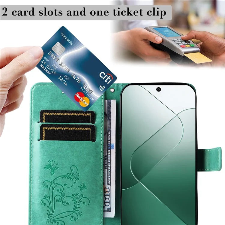 KT Imprinting Flower Series-2 For Xiaomi 14 Case Butterfly Imprint Stand Wallet Phone Cover