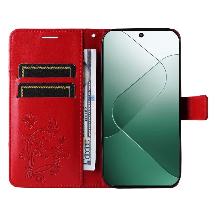 KT Imprinting Flower Series-2 For Xiaomi 14 Case Butterfly Imprint Stand Wallet Phone Cover