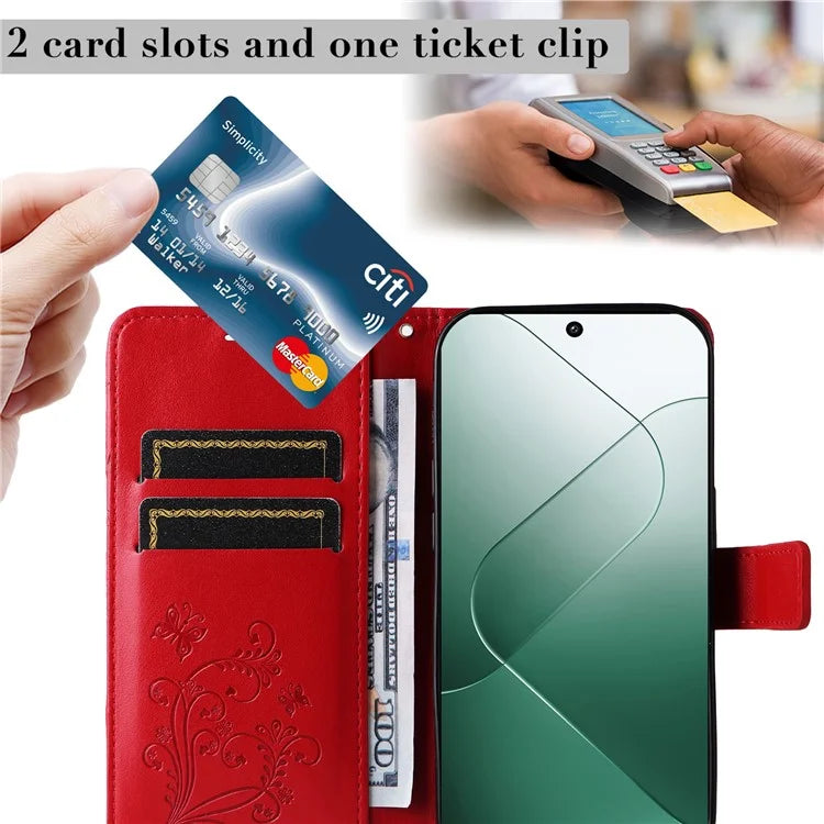 KT Imprinting Flower Series-2 For Xiaomi 14 Case Butterfly Imprint Stand Wallet Phone Cover