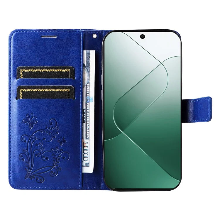 KT Imprinting Flower Series-2 For Xiaomi 14 Case Butterfly Imprint Stand Wallet Phone Cover