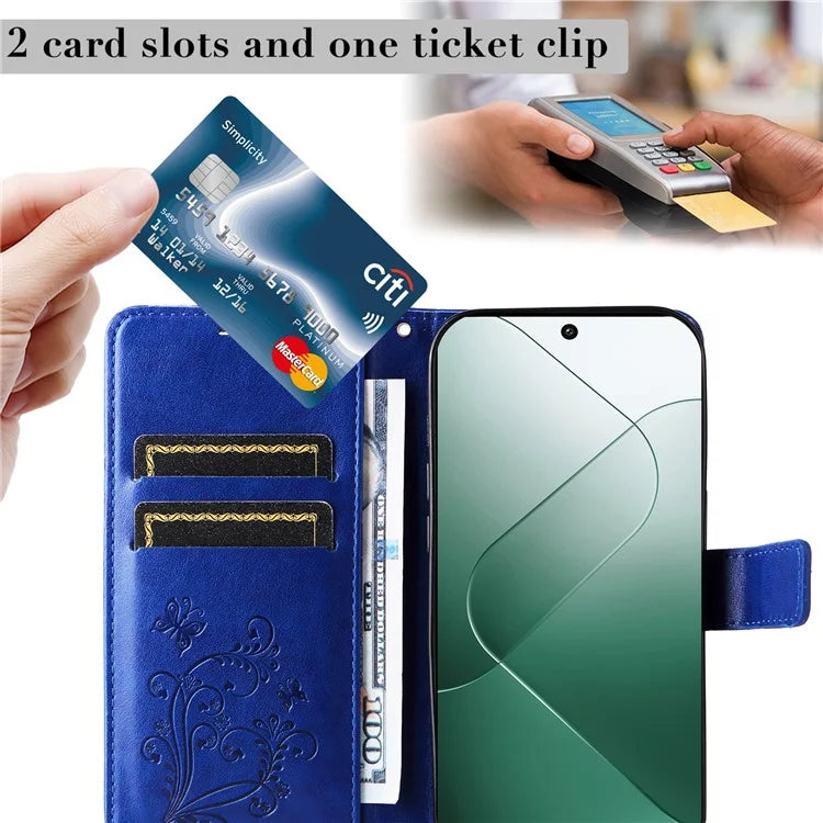 KT Imprinting Flower Series-2 For Xiaomi 14 Case Butterfly Imprint Stand Wallet Phone Cover