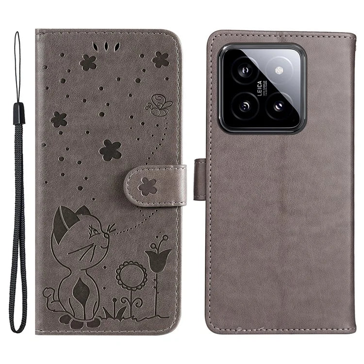 KT Imprinting Flower Series-4 For Xiaomi 14 Case Cat Imprinted PU Leather +TPU Phone Protector