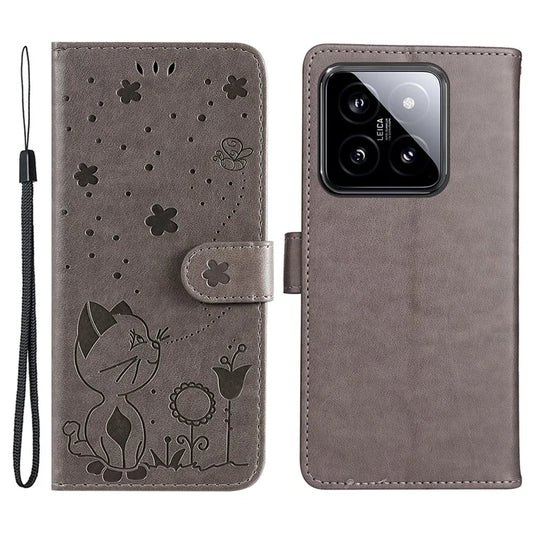KT Imprinting Flower Series-4 For Xiaomi 14 Case Cat Imprinted PU Leather +TPU Phone Protector
