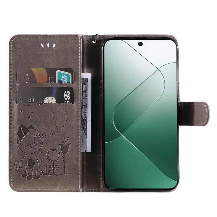 KT Imprinting Flower Series-4 For Xiaomi 14 Case Cat Imprinted PU Leather +TPU Phone Protector