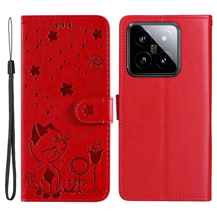 KT Imprinting Flower Series-4 For Xiaomi 14 Case Cat Imprinted PU Leather +TPU Phone Protector