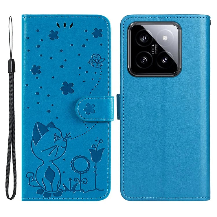 KT Imprinting Flower Series-4 For Xiaomi 14 Case Cat Imprinted PU Leather +TPU Phone Protector