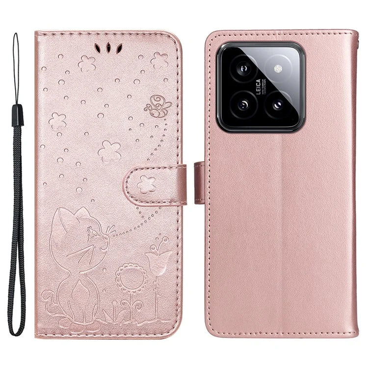 KT Imprinting Flower Series-4 For Xiaomi 14 Case Cat Imprinted PU Leather +TPU Phone Protector