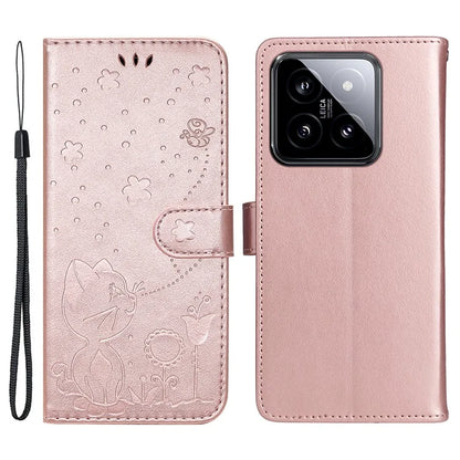 KT Imprinting Flower Series-4 For Xiaomi 14 Case Cat Imprinted PU Leather +TPU Phone Protector