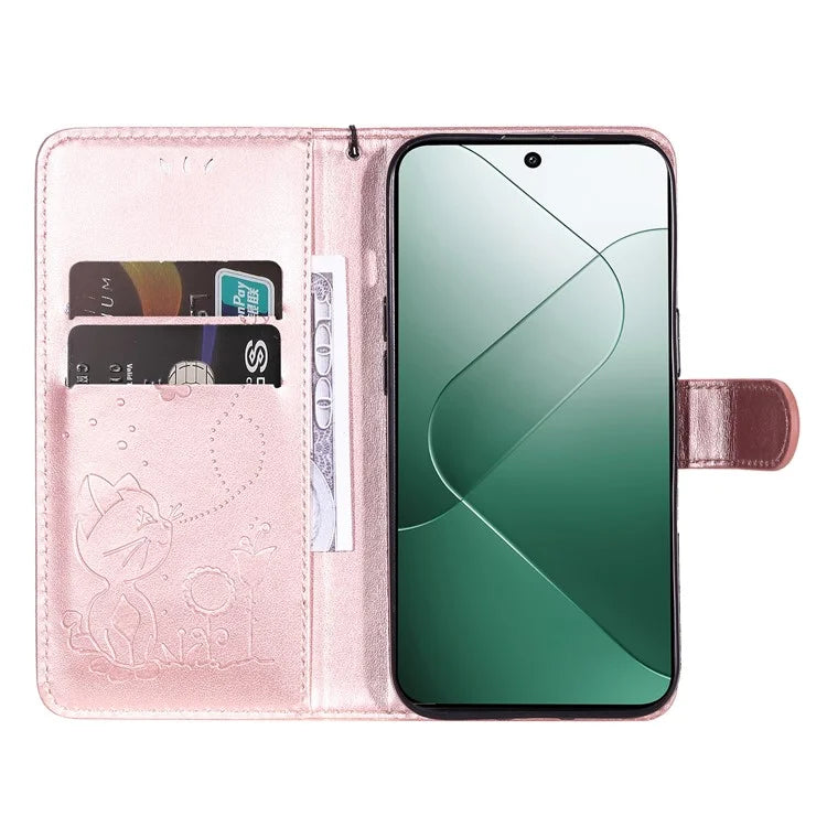 KT Imprinting Flower Series-4 For Xiaomi 14 Case Cat Imprinted PU Leather +TPU Phone Protector