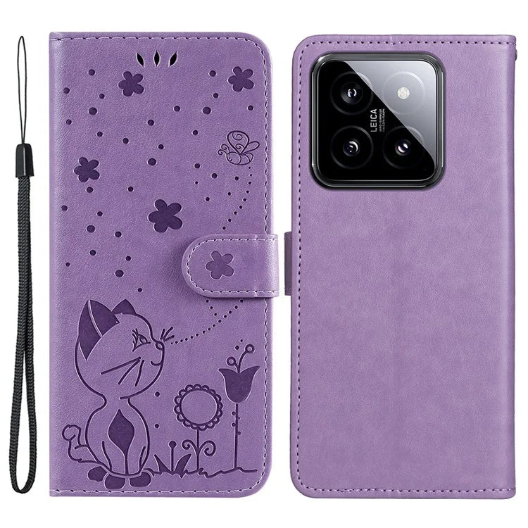 KT Imprinting Flower Series-4 For Xiaomi 14 Case Cat Imprinted PU Leather +TPU Phone Protector