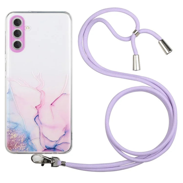For Samsung Galaxy A15 5G Case Marble Pattern Embossing Cover with Lanyard