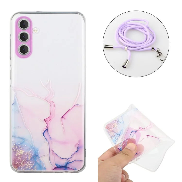For Samsung Galaxy A15 5G Case Marble Pattern Embossing Cover with Lanyard