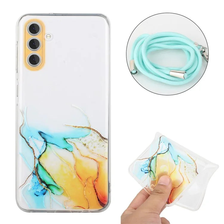 For Samsung Galaxy A15 5G Case Marble Pattern Embossing Cover with Lanyard