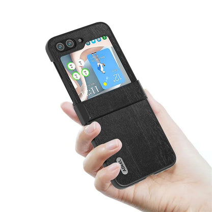 ABEEL For Samsung Galaxy Z Flip5 5G Case Wood Texture Hinge Design Leather+PC Cover