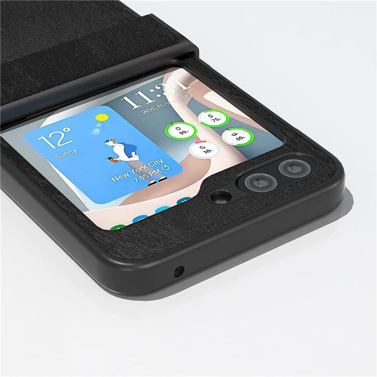 ABEEL For Samsung Galaxy Z Flip5 5G Case Wood Texture Hinge Design Leather+PC Cover