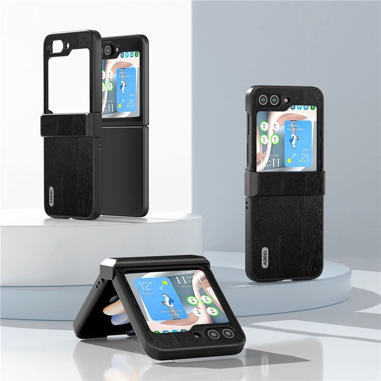 ABEEL For Samsung Galaxy Z Flip5 5G Case Wood Texture Hinge Design Leather+PC Cover