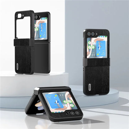 ABEEL For Samsung Galaxy Z Flip5 5G Case Wood Texture Hinge Design Leather+PC Cover