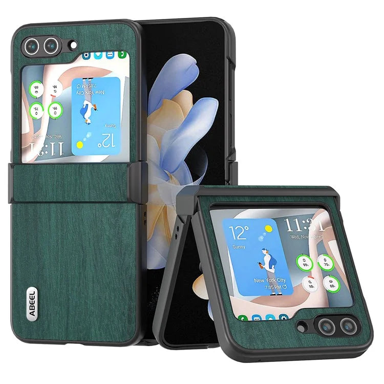 ABEEL For Samsung Galaxy Z Flip5 5G Case Wood Texture Hinge Design Leather+PC Cover