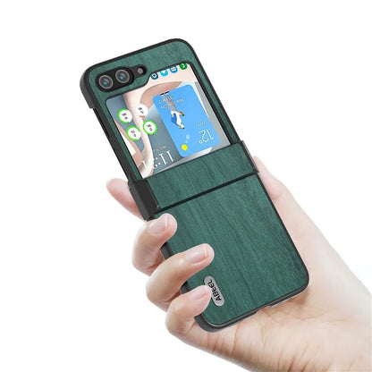 ABEEL For Samsung Galaxy Z Flip5 5G Case Wood Texture Hinge Design Leather+PC Cover