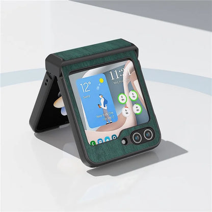 ABEEL For Samsung Galaxy Z Flip5 5G Case Wood Texture Hinge Design Leather+PC Cover