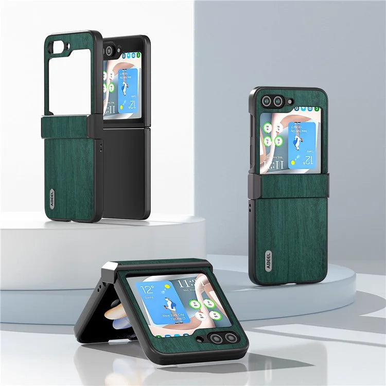 ABEEL For Samsung Galaxy Z Flip5 5G Case Wood Texture Hinge Design Leather+PC Cover