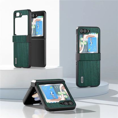 ABEEL For Samsung Galaxy Z Flip5 5G Case Wood Texture Hinge Design Leather+PC Cover