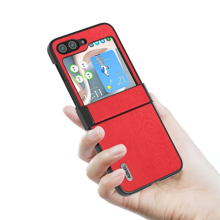 ABEEL For Samsung Galaxy Z Flip5 5G Case Wood Texture Hinge Design Leather+PC Cover