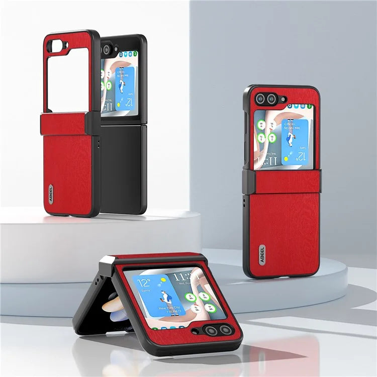 ABEEL For Samsung Galaxy Z Flip5 5G Case Wood Texture Hinge Design Leather+PC Cover