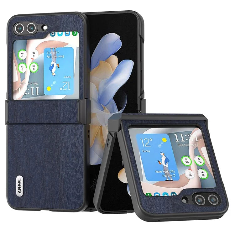 ABEEL For Samsung Galaxy Z Flip5 5G Case Wood Texture Hinge Design Leather+PC Cover