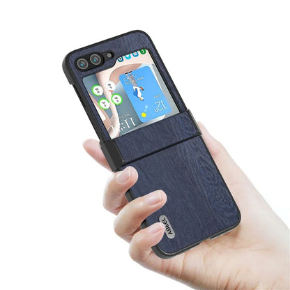 ABEEL For Samsung Galaxy Z Flip5 5G Case Wood Texture Hinge Design Leather+PC Cover