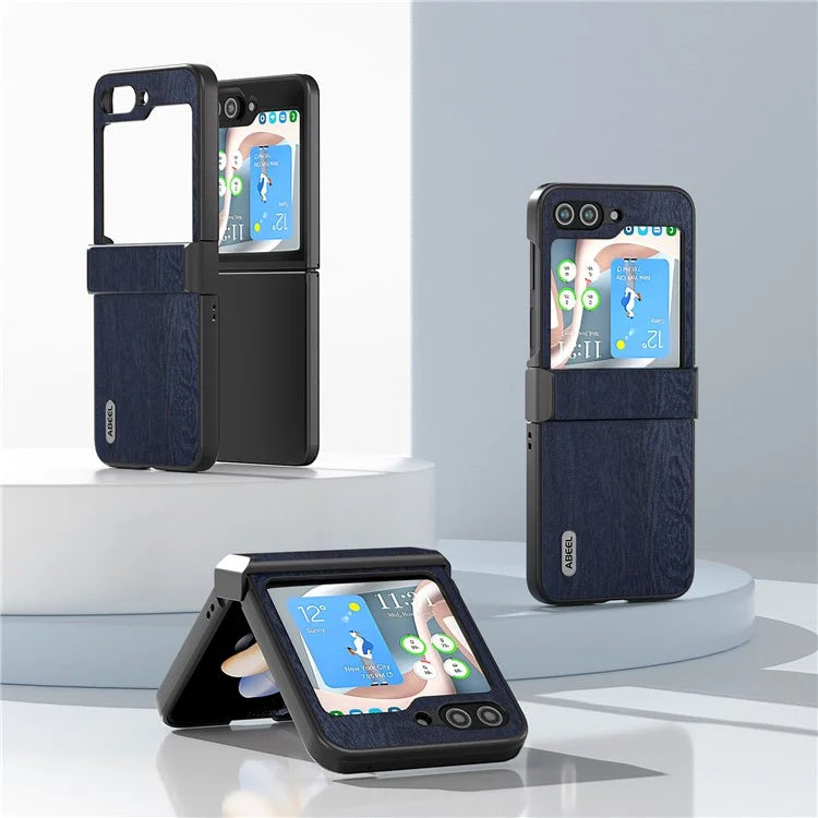 ABEEL For Samsung Galaxy Z Flip5 5G Case Wood Texture Hinge Design Leather+PC Cover