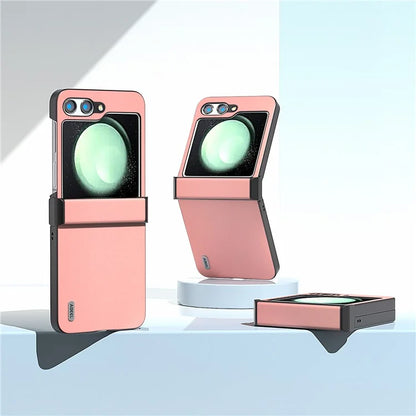 ABEEL For Samsung Galaxy Z Flip5 5G Case Genuine Cow Leather Coated PC Cover with Hinge Design