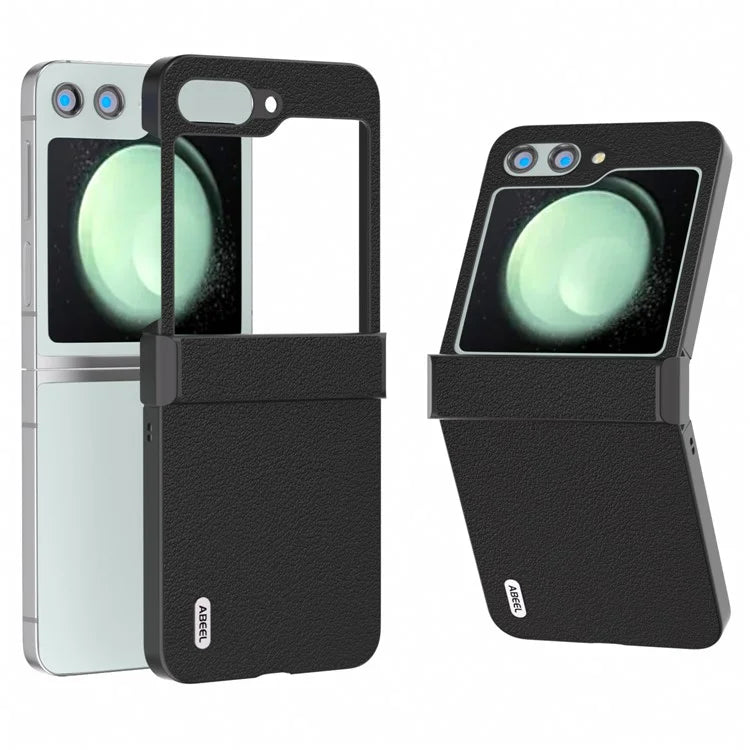 ABEEL For Samsung Galaxy Z Flip5 5G Case Genuine Cow Leather Coated PC Cover with Hinge Design