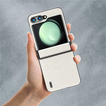 ABEEL For Samsung Galaxy Z Flip5 5G Case Genuine Cow Leather Coated PC Cover with Hinge Design