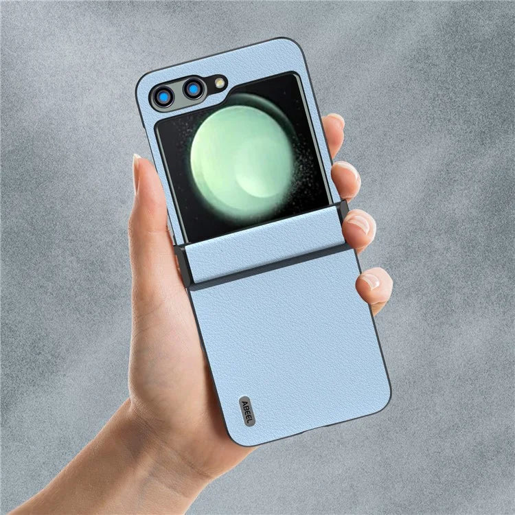 ABEEL For Samsung Galaxy Z Flip5 5G Case Genuine Cow Leather Coated PC Cover with Hinge Design