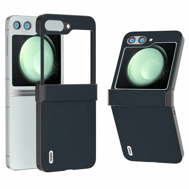 ABEEL For Samsung Galaxy Z Flip5 5G Case Genuine Cow Leather Coated PC Cover with Hinge Design