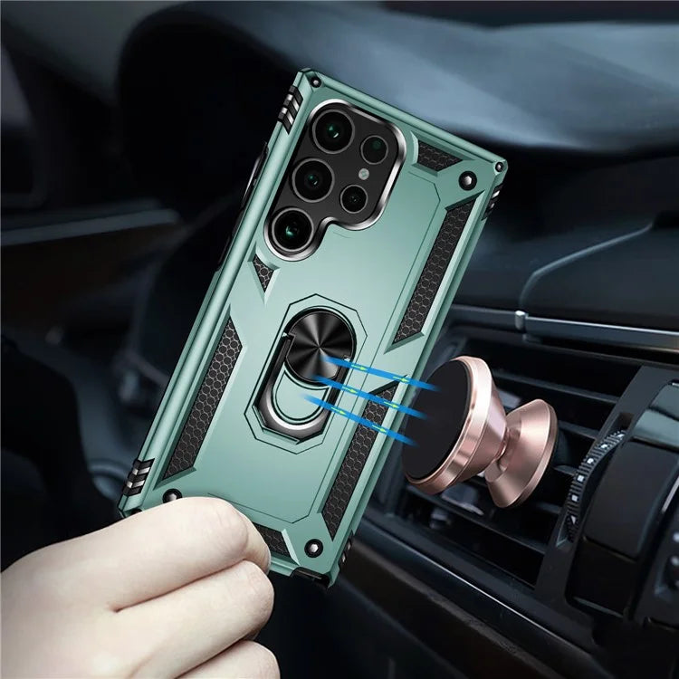For Samsung Galaxy S24 Ultra Case TPU+PC Ring Kickstand Phone Back Shellish Green