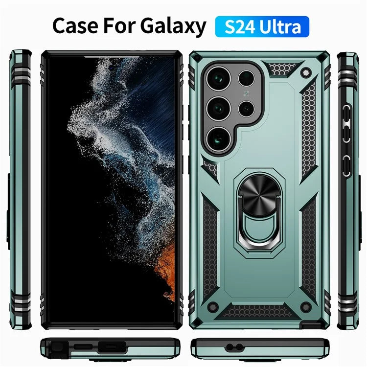 For Samsung Galaxy S24 Ultra Case TPU+PC Ring Kickstand Phone Back Shellish Green