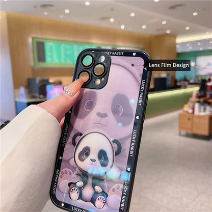 For iPhone 15 Pro Cell Phone Cases Shadow Panda Pattern Tempered Glass+TPU Phone Cover