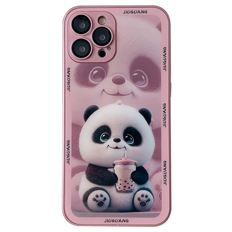 For iPhone 15 Pro Max Tempered Glass+TPU Milk Tea Panda Pattern Cell Phone Case with Lens Film