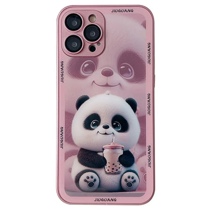 For iPhone 15 Pro Max Tempered Glass+TPU Milk Tea Panda Pattern Cell Phone Case with Lens Film