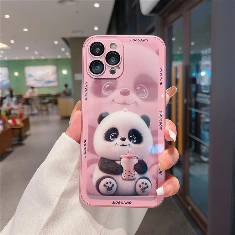 For iPhone 15 Pro Max Tempered Glass+TPU Milk Tea Panda Pattern Cell Phone Case with Lens Film
