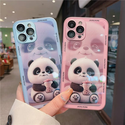 For iPhone 15 Pro Max Tempered Glass+TPU Milk Tea Panda Pattern Cell Phone Case with Lens Film