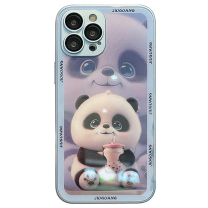 For iPhone 15 Pro Max Tempered Glass+TPU Milk Tea Panda Pattern Cell Phone Case with Lens Film
