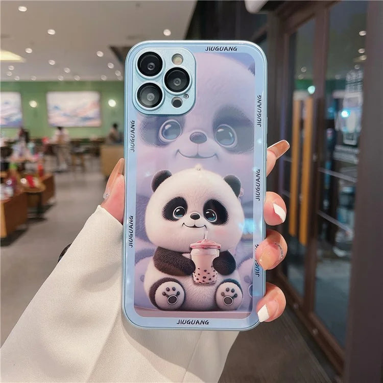 For iPhone 15 Pro Max Tempered Glass+TPU Milk Tea Panda Pattern Cell Phone Case with Lens Film