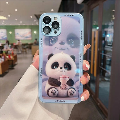 For iPhone 15 Pro Max Tempered Glass+TPU Milk Tea Panda Pattern Cell Phone Case with Lens Film
