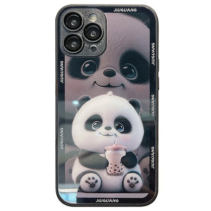 For iPhone 15 Pro Max Tempered Glass+TPU Milk Tea Panda Pattern Cell Phone Case with Lens Film