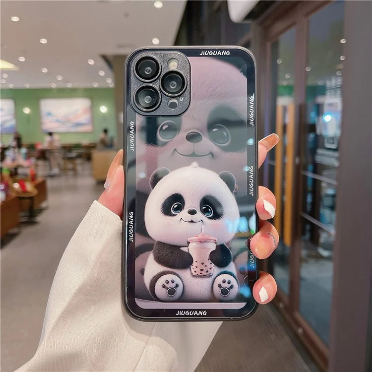 For iPhone 15 Pro Max Tempered Glass+TPU Milk Tea Panda Pattern Cell Phone Case with Lens Film